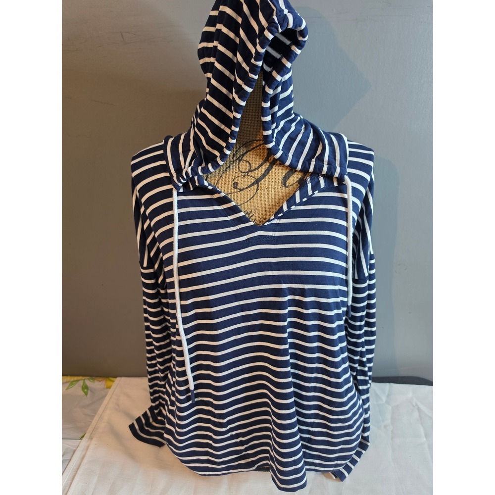 Buffalo David Bitton Navy Blue White Striped Hoodie Long Sleeve V-Neck XL